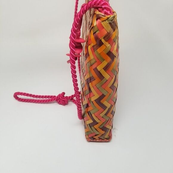 Colored Woven Rattan Handbag with Satin Cord Handle. - Picture 6 of 11